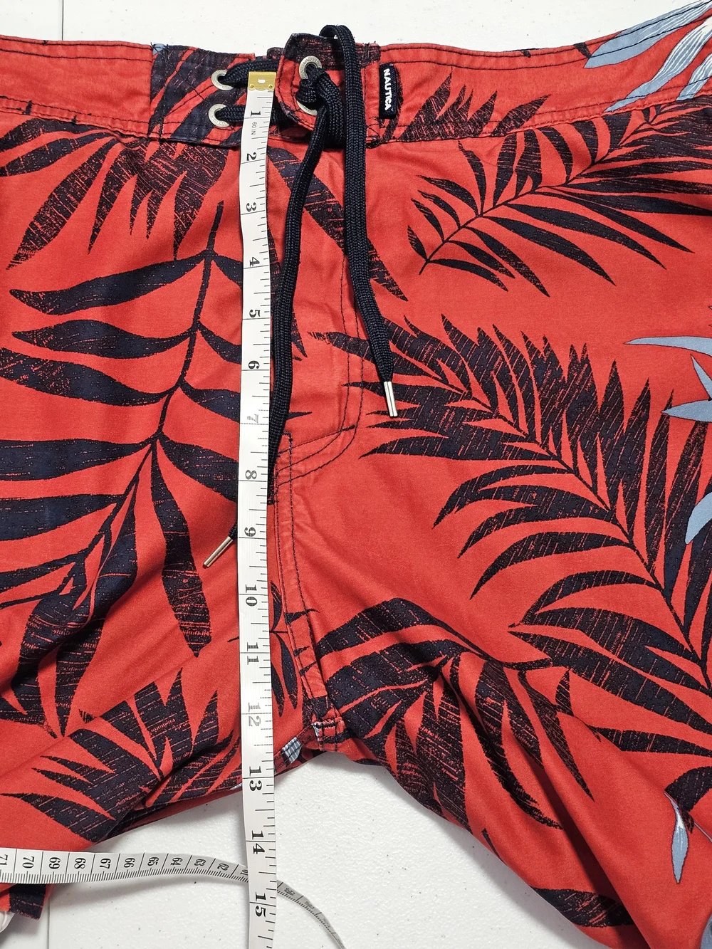 Nautica Red Swim Shorts with Black and Light Blue Tropical Leaf Print Large